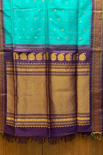 Regal Silk Gadwal Handloom Saree – Green & Purple with Zari Work